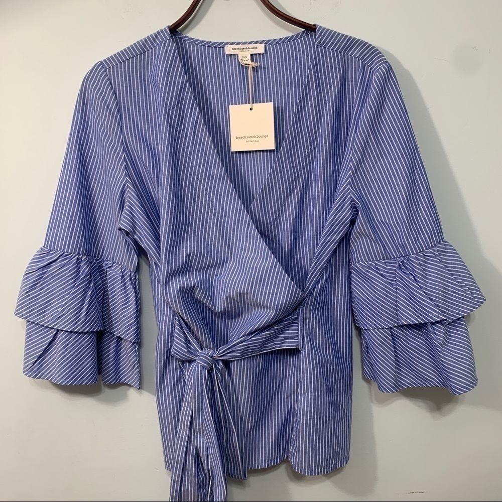 Beach lunch lounge NWT Arianna Blue White Stripe Wrap Bell Ruffle Sleeve Top S/P